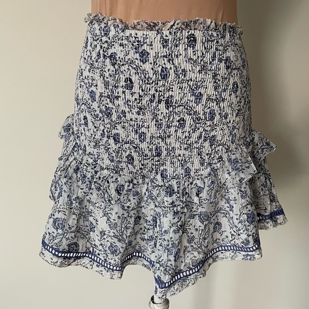 Saylor Edan Woodblock Floral Print Ruffled Smocked Mini Skirt EUC Size Small
